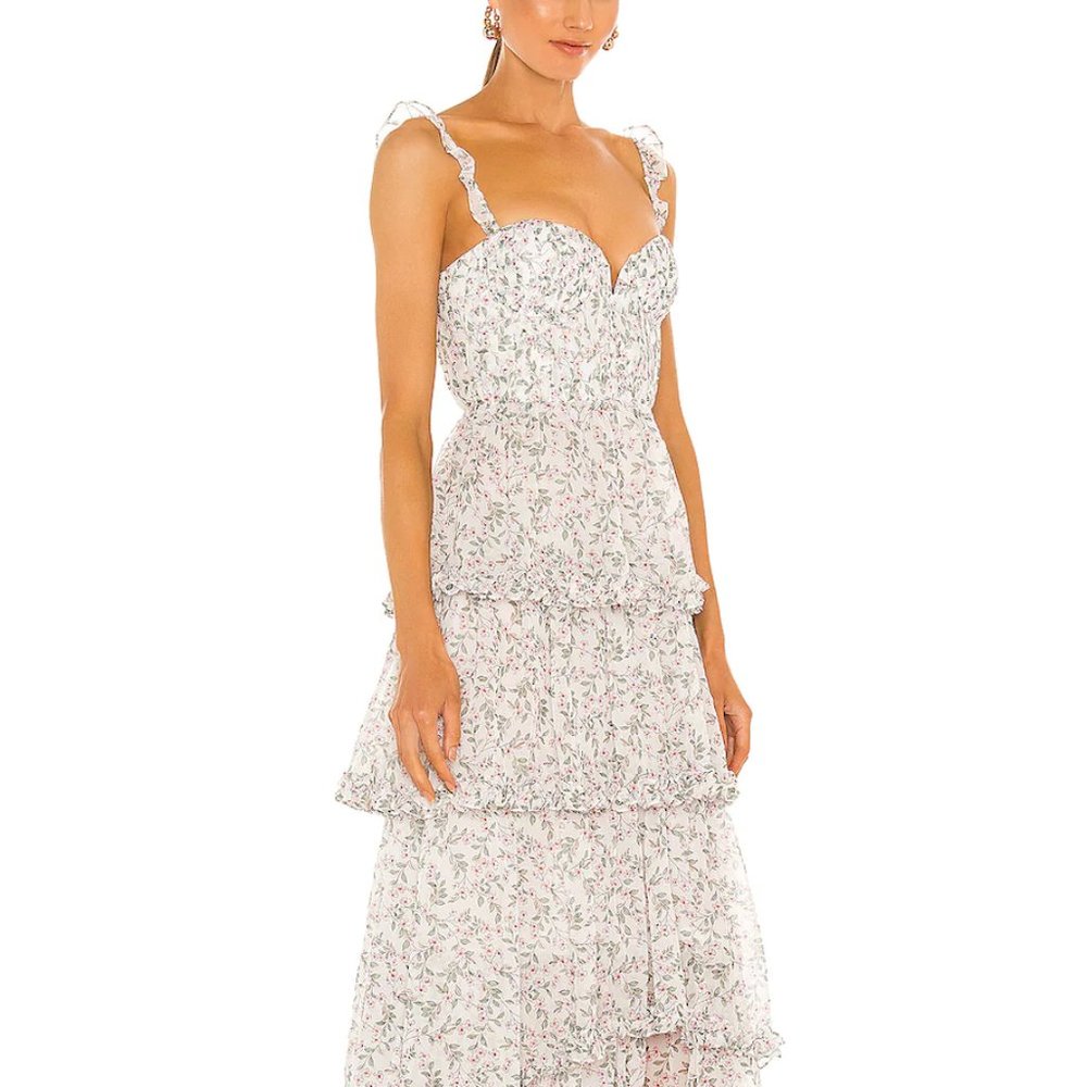 Sau Lee Peyton Maxi Dress in White Floral Print - Size 6